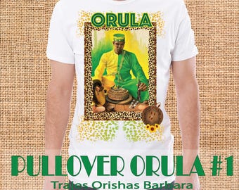 ORULA ORUNMILA/Camiseta de hombre/Manga corta/Pullover blanco con imagen estampada   por sublimación/Composición/Tacto seda/Made in Miami