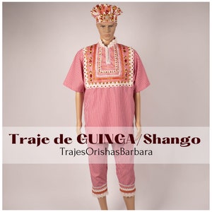 Traje de GUINGA para SHANGO/Gorro, camisa y pantalon de GUINGA de algodon/Adornado con caracoles, piedras de fantasía,soutache y cintas.