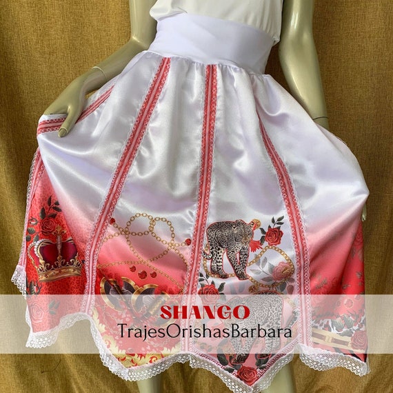 SHANGO/ Saya/Estampada con motivos de SHANGO/Saya estampada por sublimación/Saya de piezas/Bajo en picos/Adornos de cintas de seda/Encaje