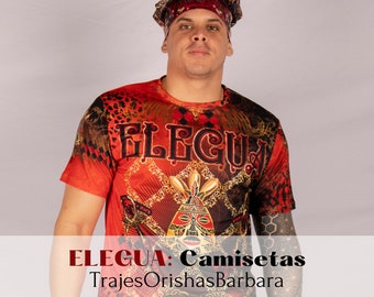 ELEGUA/Camiseta de hombre/Manga corta/Estampado full print por sublimación/Composición 96 Poliéster, 4 Spandex/Tacto seda/Made in Miami