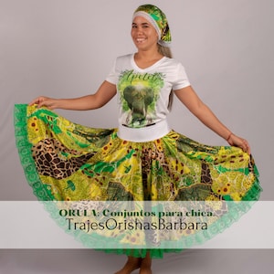 ORULA Set Saya corta/Set APETEBI: Pañuelo de cabeza, camiseta y saya en Edo "Full print"/Estampado por sublimación/Miami.
