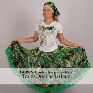 OGGUN/Set Oggun saya corta/Set OGGUN: Pañuelo de cabeza, camiseta y saya en Edo &quot;Full print&quot;/Estampado por sublimación/Miami.