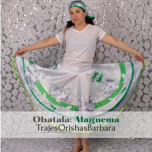 Alaguema/Set saya corta/ Obatala: Pañuelo de cabeza y Saya corta (66 cm)/Edo con motivos de Alaguema/sublimación/Full print/Miami/Hialeah