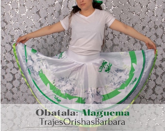 Alaguema/Set saya corta/ Obatala: Pañuelo de cabeza y Saya corta (66 cm)/Edo con motivos de Alaguema/sublimación/Full print/Miami/Hialeah