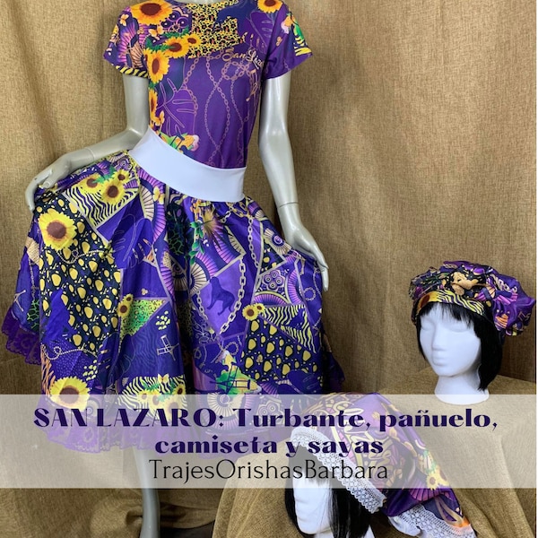 SAN LAZARO College/Set San Lazaro/Gorro, pañuelo, camiseta y sayas en Edo "Full print"/Estampado por sublimación/TrajesOrishasBarbara/Miami.