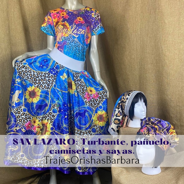 SAN LAZARO/Set San Lázaro/Gorro, pañuelo, camiseta y sayas en Edo "Full print"/Estampado por sublimación/TrajesOrishasBarbara/Miami.