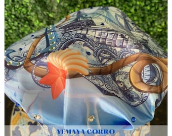 YEMAYA Luxury/Gorros de Santo/Gorros Orisha/Accesorios: Gorros estampados por sublimación con dibujos y motivos propios ajustables