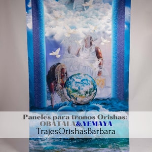 Peut inclure: Une peinture colorée représentant deux figures, l'une en blanc et l'autre en bleu, tenant un globe. La peinture est intitulée "Paneles para tronos Orishas: OBATALA & YEMAYA" et "Trajes Orishas Barbara".