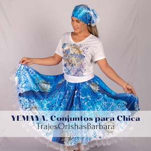 YEMAYA BLUE Set Saya corta/Set YEMAYA: Pañuelo de cabeza, camiseta y saya en Edo "Full print"/Estampado por sublimación/Miami.