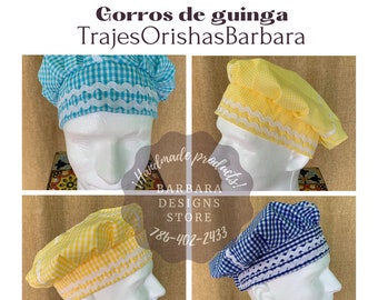 Gorro de guinga para santos/Gorros de estampado guinga ornamentado con cinta de zig zag/Chapeaux à imprimé vichy bordés d&#39;un ruban en zigzag