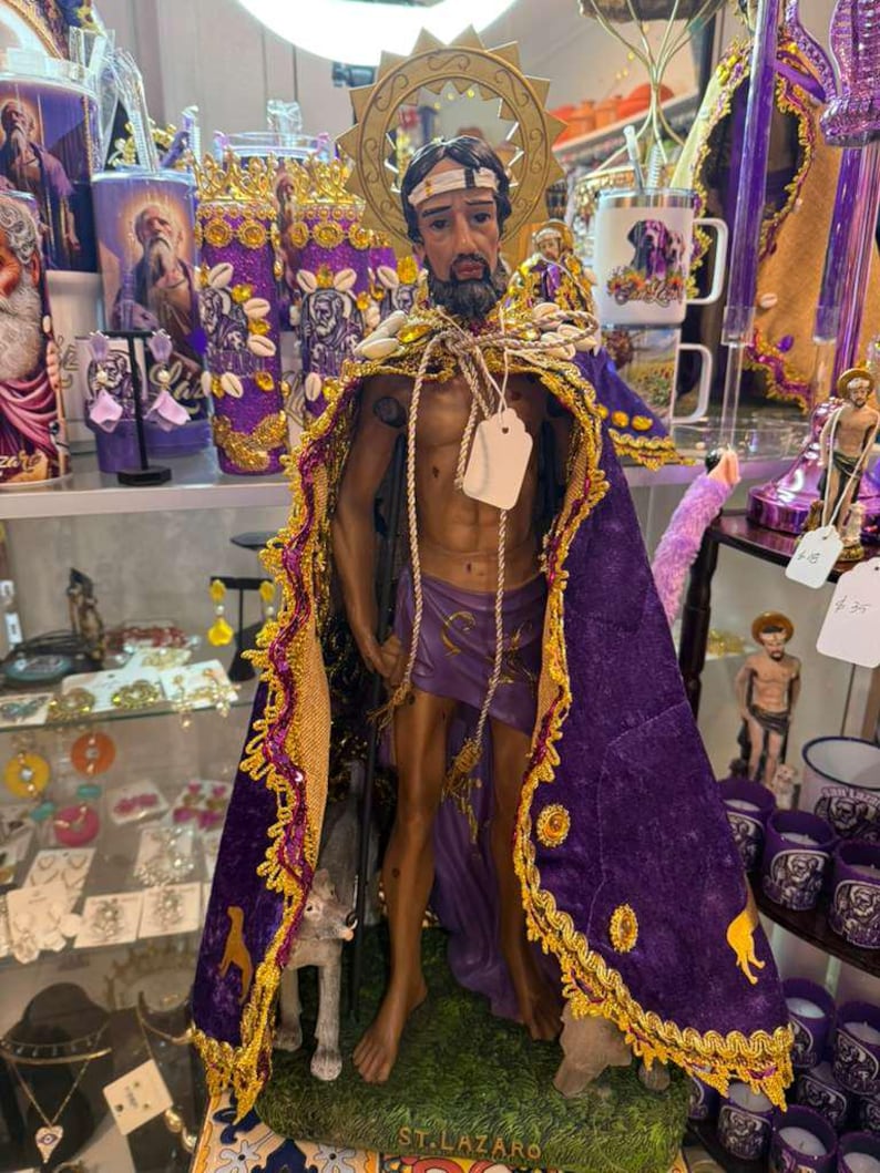 SAN LAZARO/San Lázaro/Estatua de yeso de 33" de alto con capa de arpillera decorada por sublimación con caracoles y pedrería/Miami/Hialeah 22"