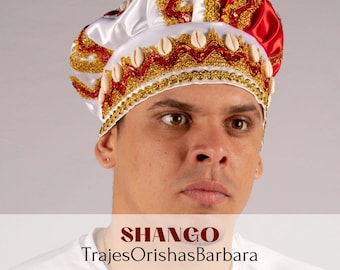 SHANGO Majestic/Gorro de santo/Orisha/Satin Brocado “Rhinestones”, con Kristallapplikationen/Piedras decorativas/Caracoles/TrajeOrishasBarbara