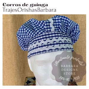 May include: Blue and white gingham chef's hat with white trim. The hat is on a white mannequin head. The text "!Handmade products! Barbara Designs Store 786-402-2433" is on a gray background.