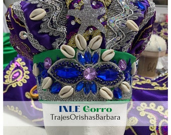 INLE Majestic/Gorro de santo/Orisha/:Gorro en satín brocado “Rhinestones”, con apliques de cristal, piedras decorativas, y caracoles/MIAMI