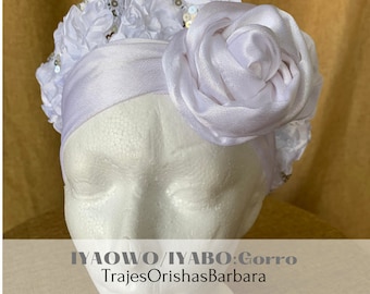 IYAWO/Gorro Turbante para IYABO/Gorro de mujer/ Ropa BLANCA/Satin Blanco bordado en lentejuelas/Ajustables