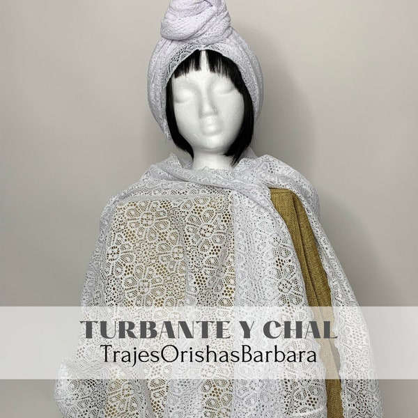 Iyawo Turbante y Chal/Conjunto de Chal y turbante para mujer en encaje blanco/Religión afrocubana/Miami