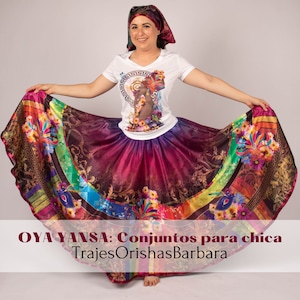 OYA YANSA Rostros/Set Saya larga/Set Oya Yansá: Gorro, camiseta y saya todo en Edo "Full print"/Estampado por sublimación/Miami.
