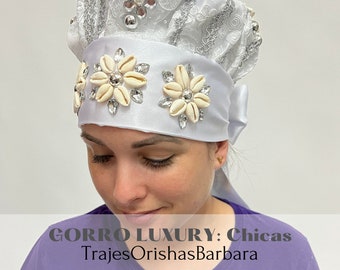 OBATALA Turbante Lazo de santo/Orisha/Satín brocado“Rhinestones”,con apliques de cristal/piedras decorativas/caracoles/TrajeOrishasBarbara