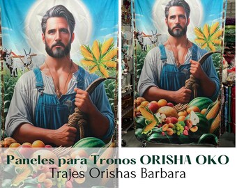 May include: A colourful tapestry depicting a bearded man in a blue shirt holding a sickle. The tapestry has a background of green leaves and fruit, including corn, apples, and watermelon. The text "Paneles para Tronos ORISHA OKO Trajes Orishas Barbara" is at the bottom of the tapestry.