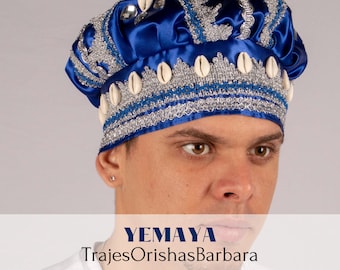 YEMAYA Majestic/Gorro de santo/Orisha/Satin Brocado “Rhinestones”, mit Kristallapplikationen/Piedras decorativas/Caracoles/TrajeOrishasBarbara