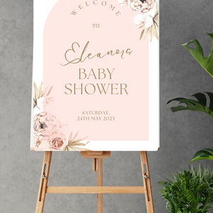 Placa de boas-vindas personalizada para chá de bebê estilo Boho rosa disponível em todos os tamanhos