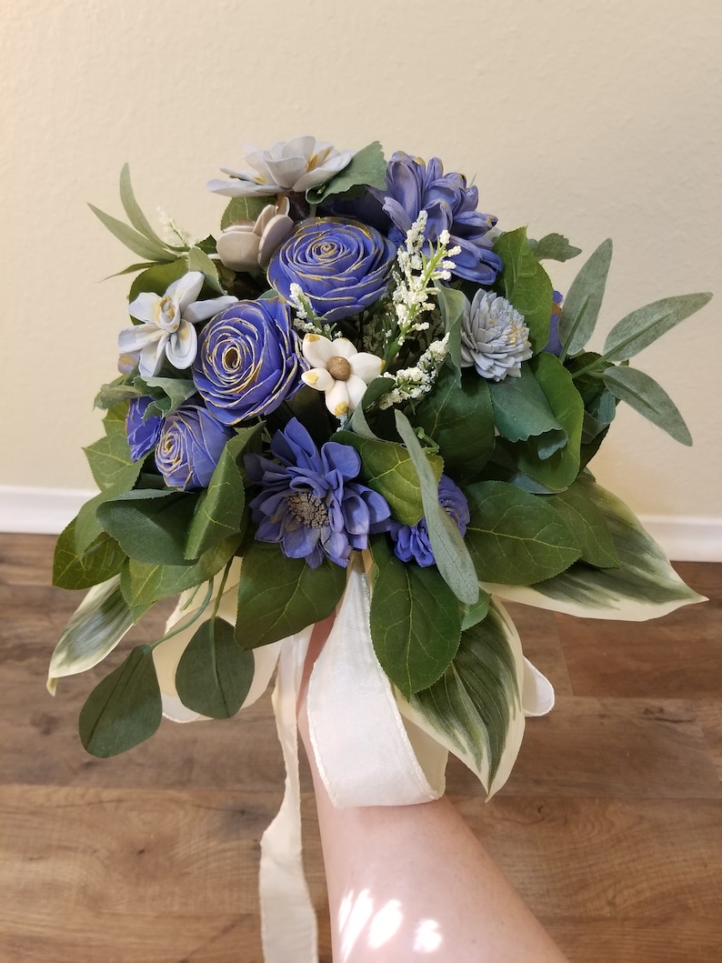Bridal Bouquet and Matching Boutonniere in Blues and Gold