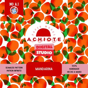 Puede incluir: Diseño de patrón sin costuras con formas abstractas naranjas y verdes sobre un fondo blanco. El diseño incluye el texto "ACHIOTE DIGITAL STUDIO" y "MANDARINA". También son visibles las palabras "100% Handmade".