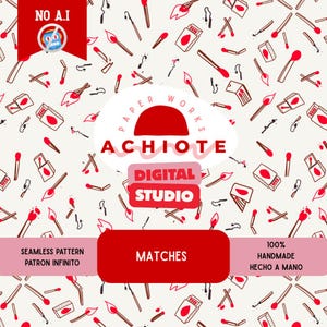 May include: A seamless pattern featuring hand-drawn matches and matchboxes in red, brown, and white. The design includes the text "MATCHES" and "DIGITAL STUDIO". The pattern is labeled as "100% HANDMADE".