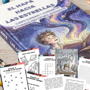 Puede incluir: Un libro infantil titulado "El Mapa Hacia Las Estrellas" con ilustraciones y actividades para futuros astronautas. La portada presenta a un niño mirando hacia un cielo estrellado. Se ven varias tarjetas de actividades con ilustraciones y ejercicios temáticos del espacio.