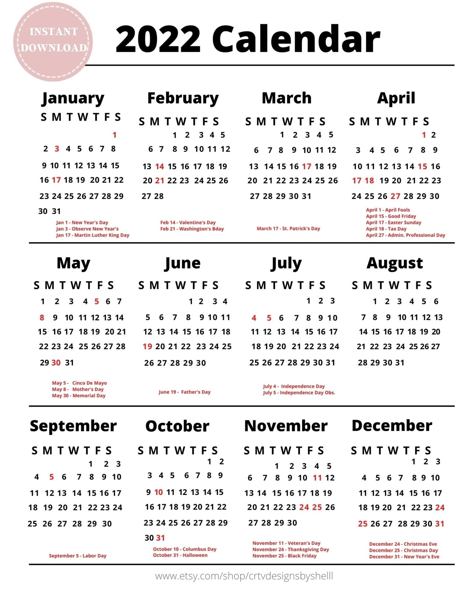 2021-2022 Yearly Printable Calendar including Holiday&#039;s | Etsy