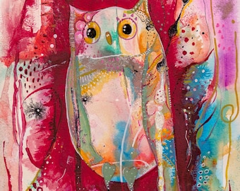 Bunter Eulen-Kunstdruck, A4 ungerahmter Giclée-Kunstdruck, magischer Eulendruck für Kinderzimmer, Folklore-Kunst für das Boho-Haus