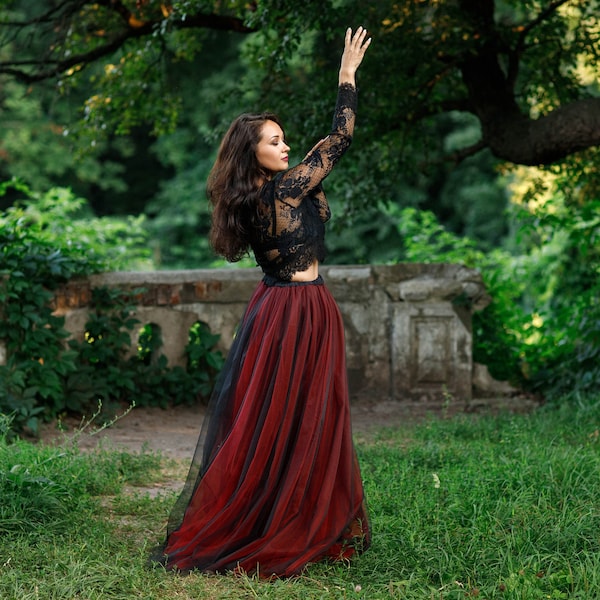 Black Red tulle skirt, Bohemian Tulle skirt, Long Tulle skirt, Floor length tulle skirt, Black tulle skirt, Halloween skirt, witch skirt