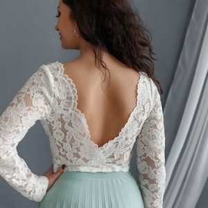 V back top, Wedding crop top, Open Back Lace Top, Long Sleeves bridal top, Backless Lace top, Bridal Separates,  White wedding lace top