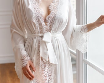 Lange Braut robe, Lingerie für Braut, Braut Dessous, Braut Dessous Langarm, Bodenlange Robe, Hochzeits robe, Seide Braut Robe lang