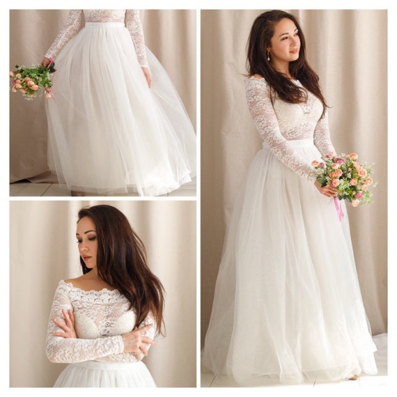 Two Piece Wedding Dress Boho, Wedding Dress Long Sleeve, Boho Wedding Dress  Long Sleeve, Bridal Separates Top Crop, Bridal Separates Skirt 