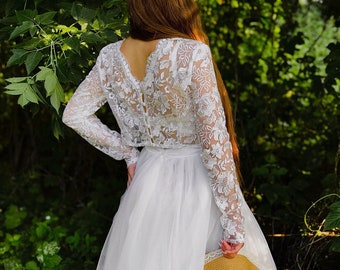 Flower Lace V back top, Long Sleeves bridal top, Lace bridal Top, Wedding crop top, Bridal Separates, Ivory wedding lace top,See through top