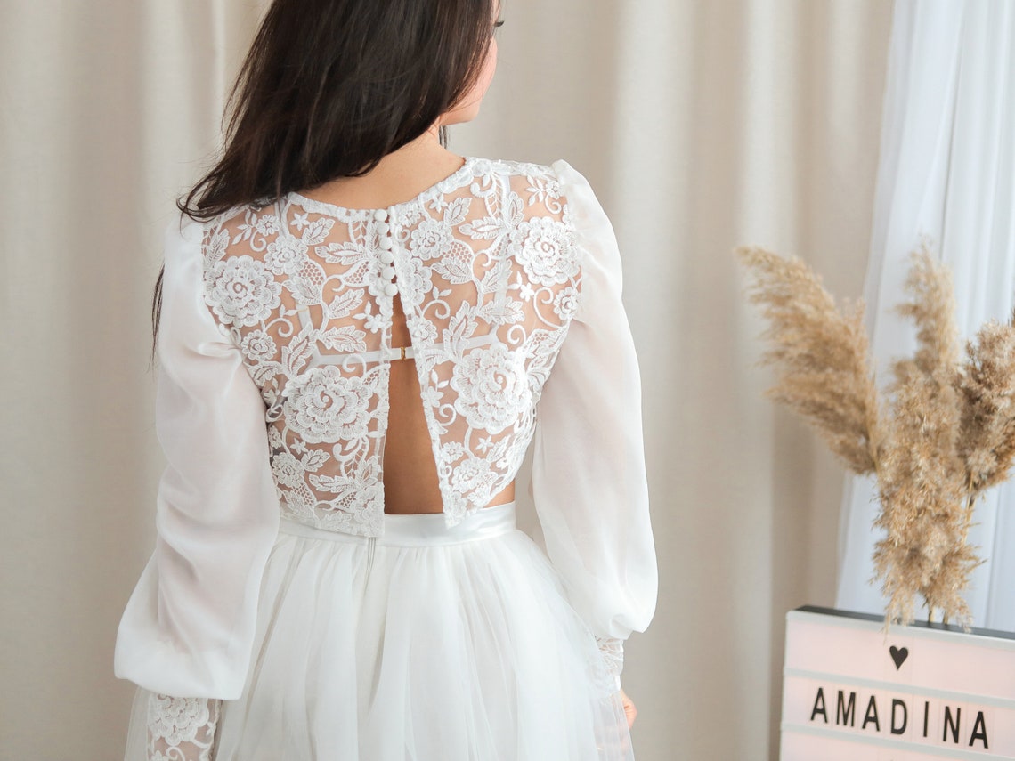 Long sleeve bridal top Wedding Lace top buttoned back lace | Etsy