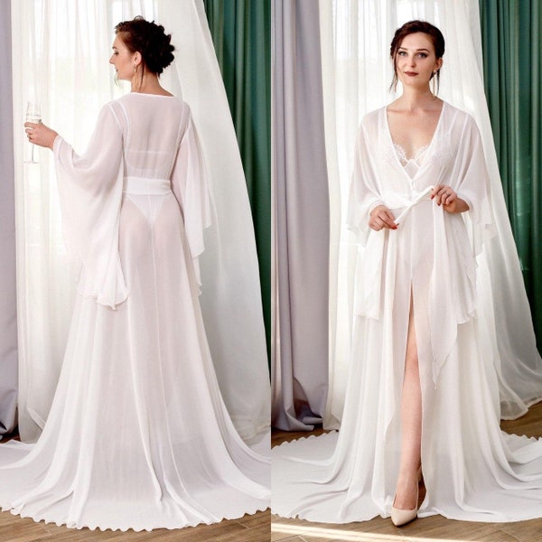 Bridal robe long sleeve, Bridal robe with train, Sheer robe long,Floor length bridal robe,Wedding robes for bride long,Lace bridal robe long