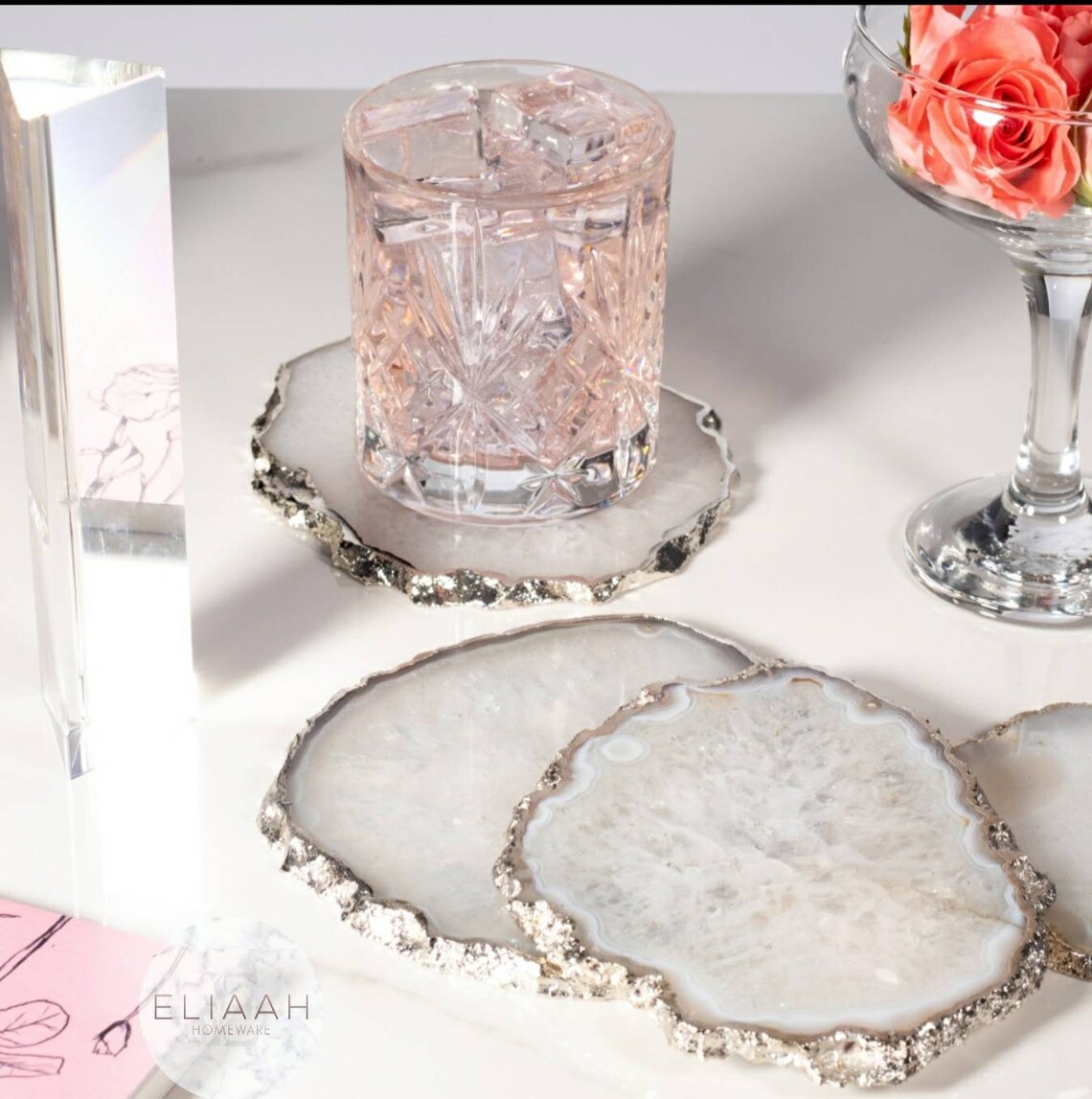 Natural White Agate Crystal Coasters with Silver Plated Edge Etsy