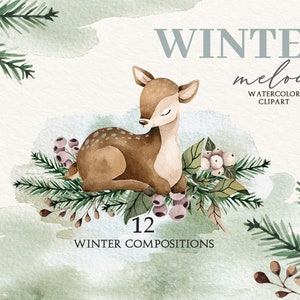 Clipart invernale, Natale ad acquerello, Clipart natalizio, Clipart ghirlande natalizie, Clipart verde invernale, Acquerello di cervo, Invito