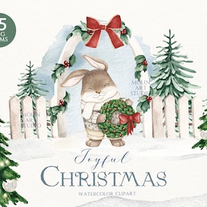 Imágenes prediseñadas de conejito 2023, imágenes prediseñadas navideñas en acuarela, conejito de dibujos animados lindo, imágenes prediseñadas de Año Nuevo, conejito de Navidad, conejo de acuarela, dibujo de conejito