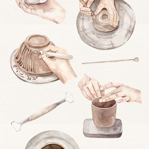 May include: Watercolor illustration of pottery making tools and pottery pieces. The illustration includes a pottery wheel, a wooden tool, a pottery knife, a sponge, and a hand-shaped clay pot. The text "CLAY POTTERY" and "POTTERY MAKING & POTTERY TOOLS" is included in the image.