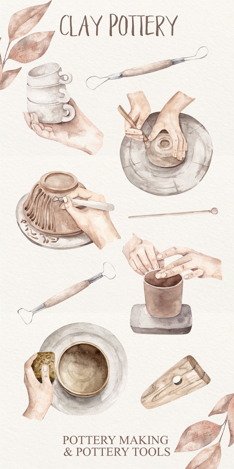 May include: Watercolor illustration of pottery making tools and pottery pieces. The illustration includes a pottery wheel, a wooden tool, a pottery knife, a sponge, and a hand-shaped clay pot. The text "CLAY POTTERY" and "POTTERY MAKING & POTTERY TOOLS" is included in the image.