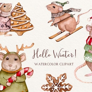 Clipart de Noël aquarelle, Souris mignonne, Animaux de Noël, Souris de Noël, Animaux d’hiver, Bébé, Inviter, Carte de vœux