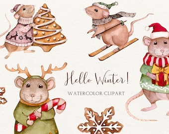 Watercolor Christmas clipart, Cute Mouse, Christmas Animals, Christmas Mouse, Winter Animals, Baby, Invite, Greeting card
