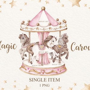 Clipart acquerello carosello, cavallo da giostra, arte per bambini carosello, baby shower, clipart carnevale, pony carosello, clipart compleanno