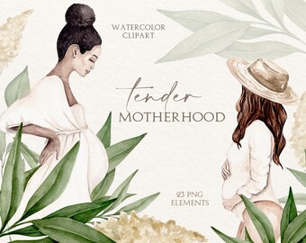 Watercolor Motherhood Clipart Set: Baby Shower Graphics (Digital Download)