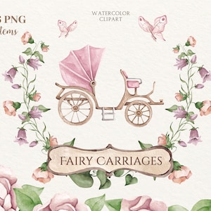 水彩のおとぎ話の馬車のクリップアート、プリンセスの馬車のクリップアート、王室の馬車、ベビーシャワーのクリップアート、シンデレラの馬車、