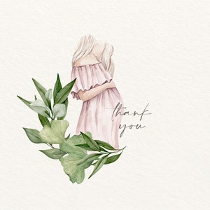 K&ouml;nnte beinhalten: Eine Aquarell-Illustration einer Person in einem rosa Kleid mit einem Blumenkranz um sie herum. Der Text "Danke" ist in Kursivschrift unter der Person geschrieben.
