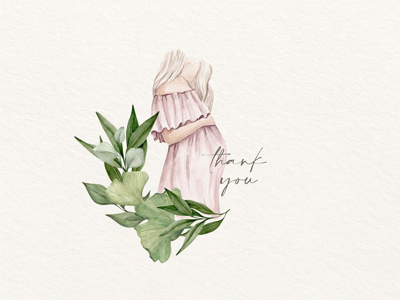 K&ouml;nnte beinhalten: Eine Aquarell-Illustration einer Person in einem rosa Kleid mit einem Blumenkranz um sie herum. Der Text "Danke" ist in Kursivschrift unter der Person geschrieben.
